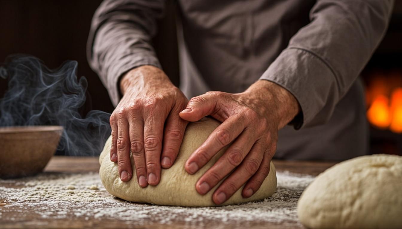 Manos de panadero amasando masa madre en La Obra, Panguipulli